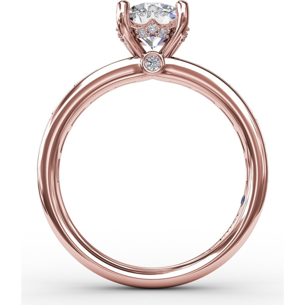 Classic Round Diamond Solitaire Engagement Ring Setting with Channel-Set Baguette Shank and Hidden Pavé Halo by Fana - 0.71 Carat Total Diamond Weight