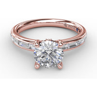 Classic Round Diamond Solitaire Engagement Ring Setting with Channel-Set Baguette Shank and Hidden Pavé Halo by Fana - 0.71 Carat Total Diamond Weight