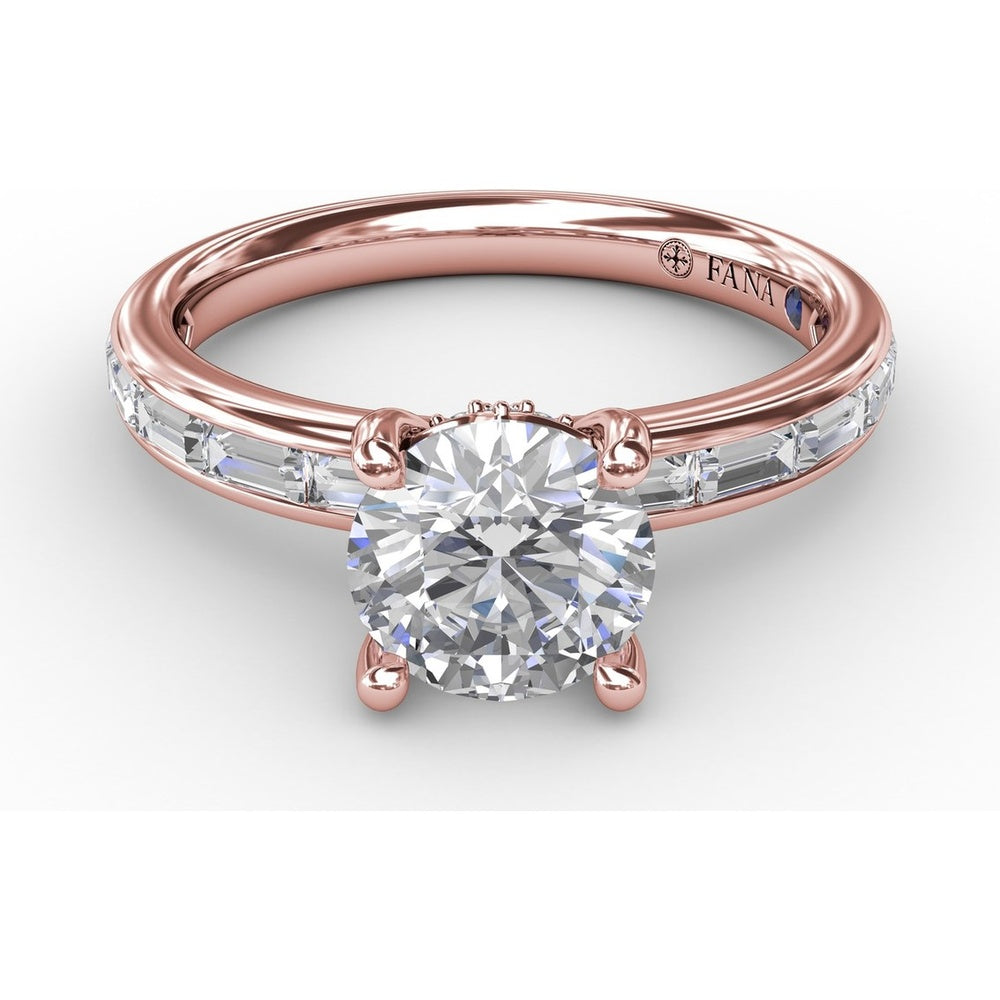Classic Round Diamond Solitaire Engagement Ring Setting with Channel-Set Baguette Shank and Hidden Pavé Halo by Fana - 0.71 Carat Total Diamond Weight