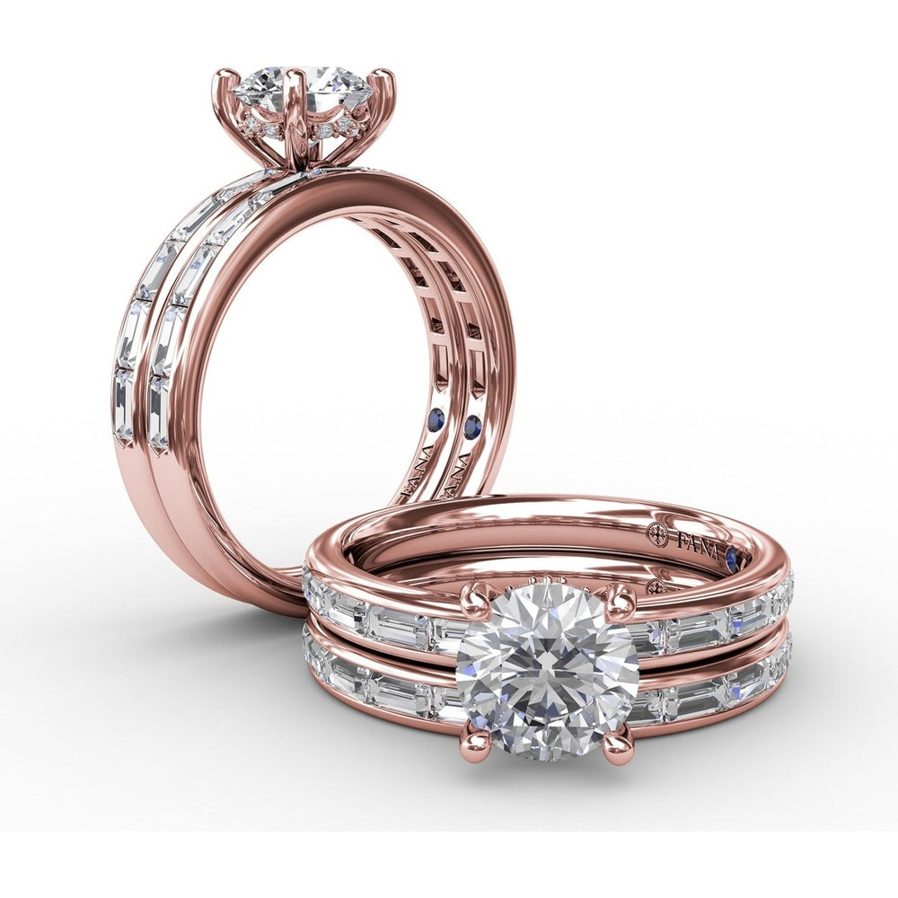 Classic Round Diamond Solitaire Engagement Ring Setting with Channel-Set Baguette Shank and Hidden Pavé Halo by Fana - 0.71 Carat Total Diamond Weight