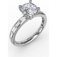 Classic Round Diamond Solitaire Engagement Ring Setting with Channel-Set Baguette Shank and Hidden Pavé Halo by Fana - 0.71 Carat Total Diamond Weight