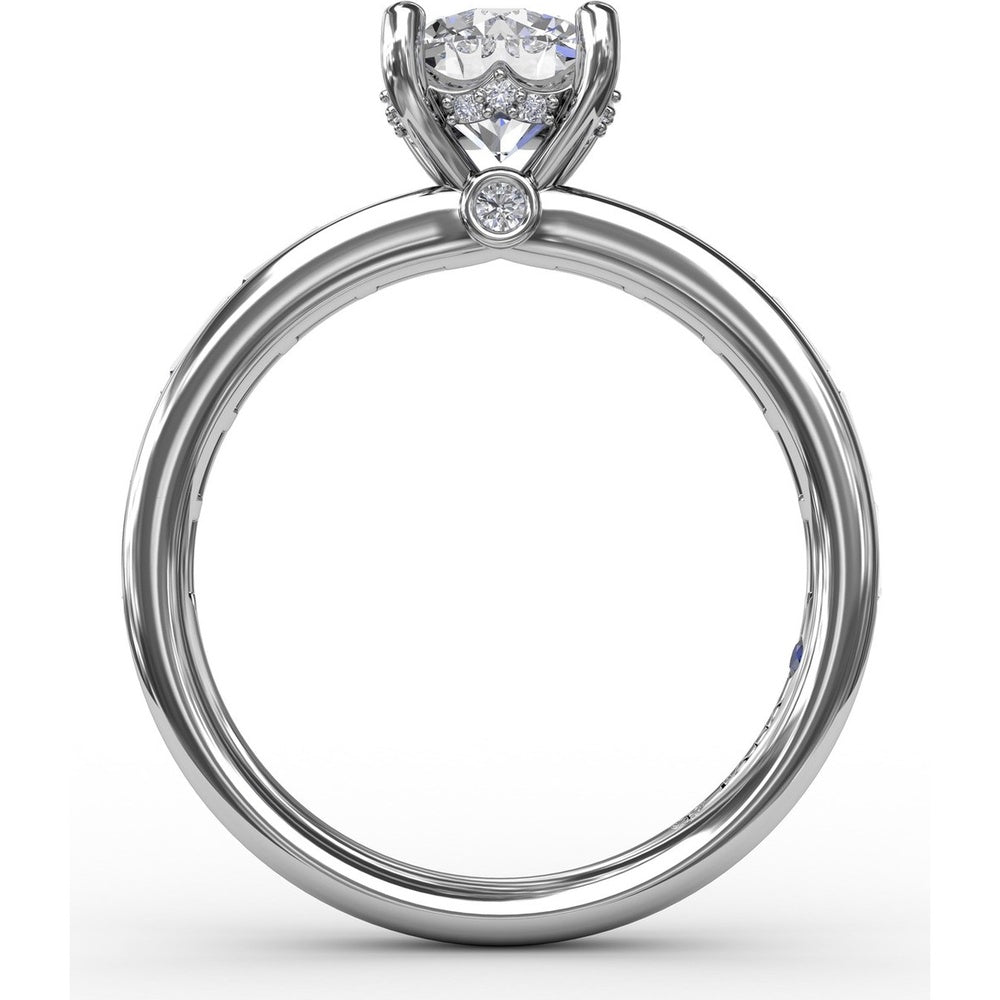 Classic Round Diamond Solitaire Engagement Ring Setting with Channel-Set Baguette Shank and Hidden Pavé Halo by Fana - 0.71 Carat Total Diamond Weight