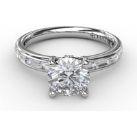 Classic Round Diamond Solitaire Engagement Ring Setting with Channel-Set Baguette Shank and Hidden Pavé Halo by Fana - 0.71 Carat Total Diamond Weight