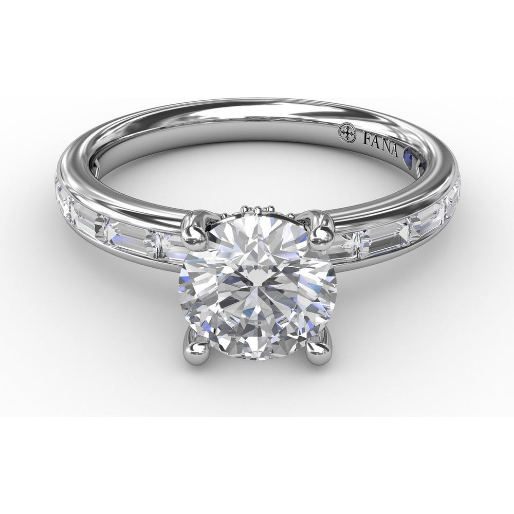 Classic Round Diamond Solitaire Engagement Ring Setting with Channel-Set Baguette Shank and Hidden Pavé Halo by Fana - 0.71 Carat Total Diamond Weight