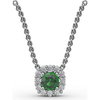Classic Round Emerald and Diamond Halo Pendant with 0.34 Carat Total Gemstone Weight by Fana