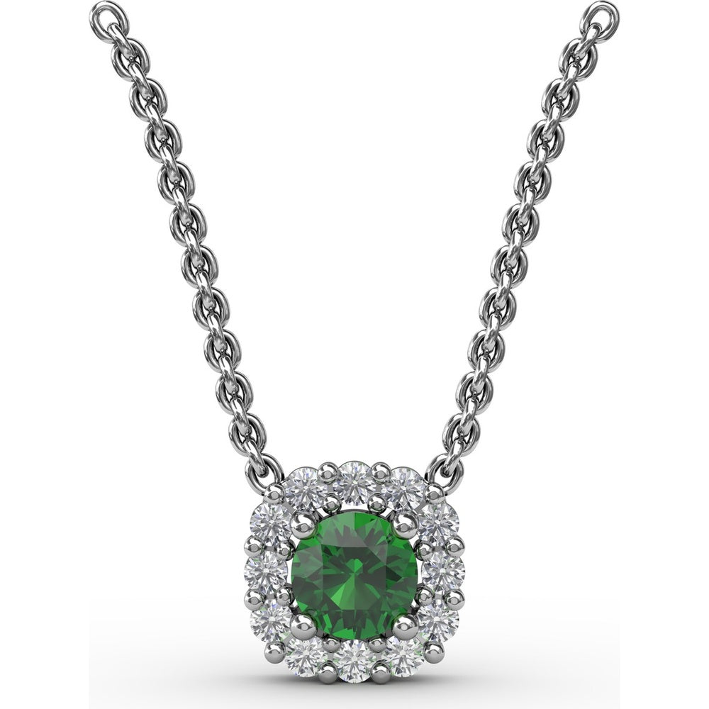 Classic Round Emerald and Diamond Halo Pendant with 0.34 Carat Total Gemstone Weight by Fana