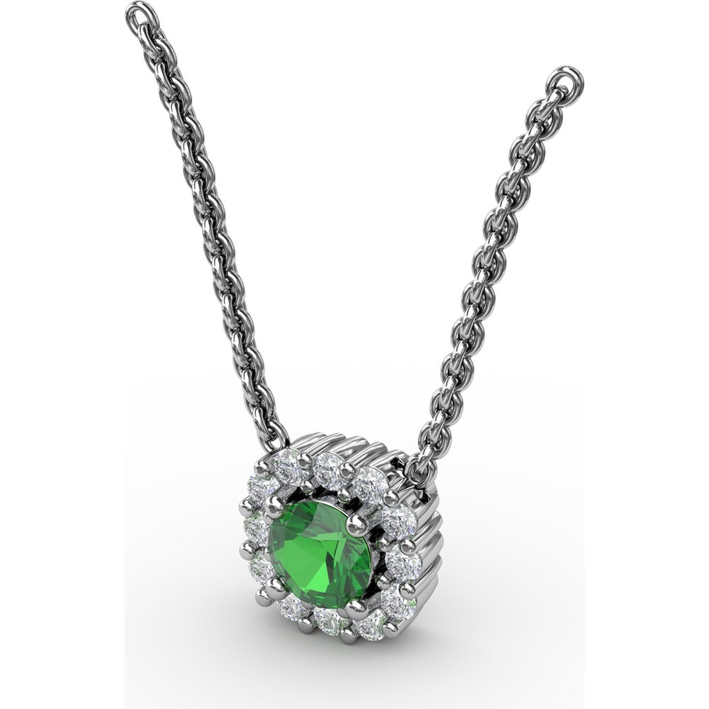 Classic Round Emerald and Diamond Halo Pendant with 0.34 Carat Total Gemstone Weight by Fana