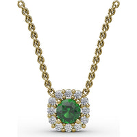 Classic Round Emerald and Diamond Halo Pendant with 0.34 Carat Total Gemstone Weight by Fana
