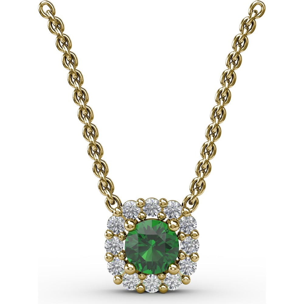 Classic Round Emerald and Diamond Halo Pendant with 0.34 Carat Total Gemstone Weight by Fana