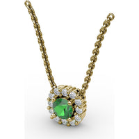 Classic Round Emerald and Diamond Halo Pendant with 0.34 Carat Total Gemstone Weight by Fana