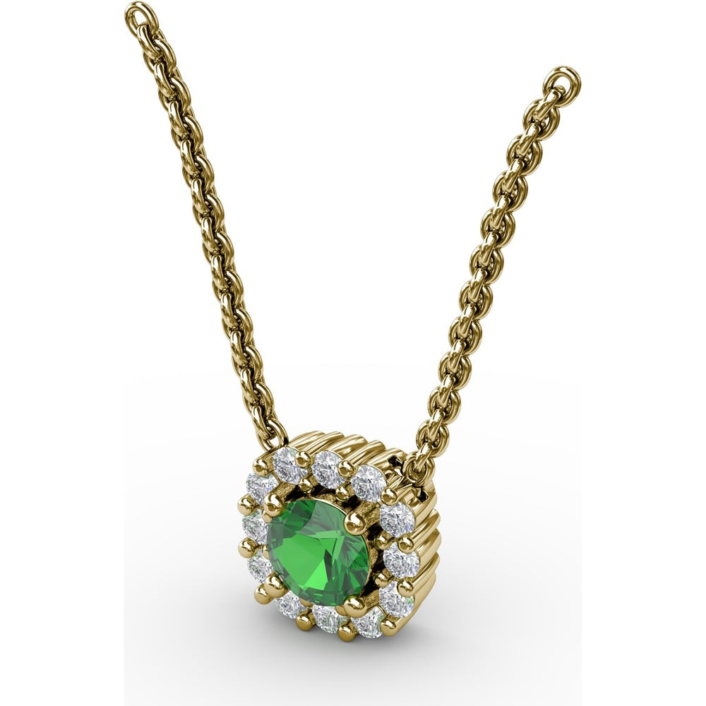 Classic Round Emerald and Diamond Halo Pendant with 0.34 Carat Total Gemstone Weight by Fana
