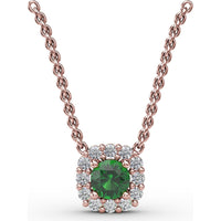 Classic Round Emerald and Diamond Halo Pendant with 0.34 Carat Total Gemstone Weight by Fana
