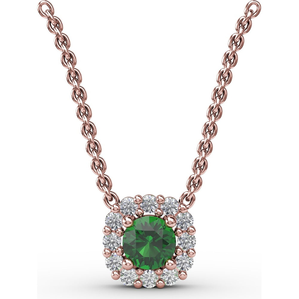 Classic Round Emerald and Diamond Halo Pendant with 0.34 Carat Total Gemstone Weight by Fana