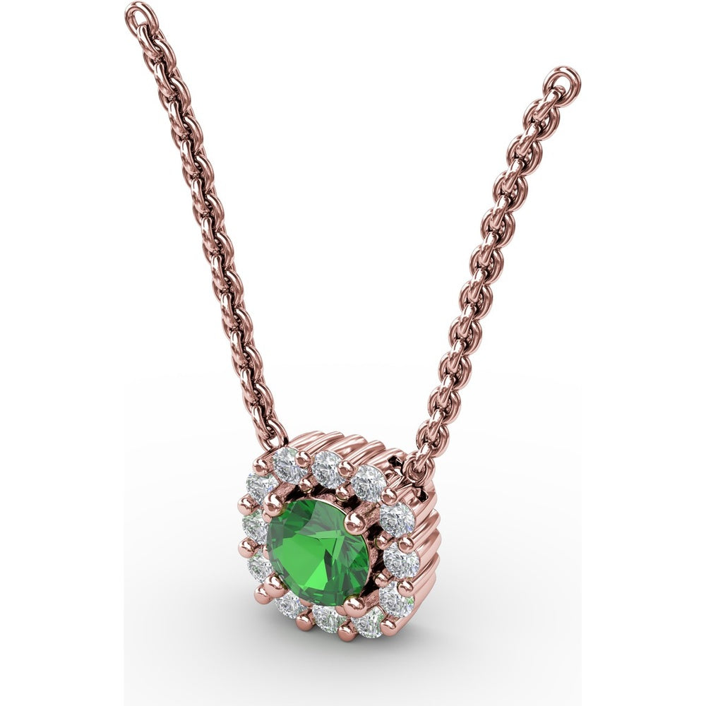 Classic Round Emerald and Diamond Halo Pendant with 0.34 Carat Total Gemstone Weight by Fana