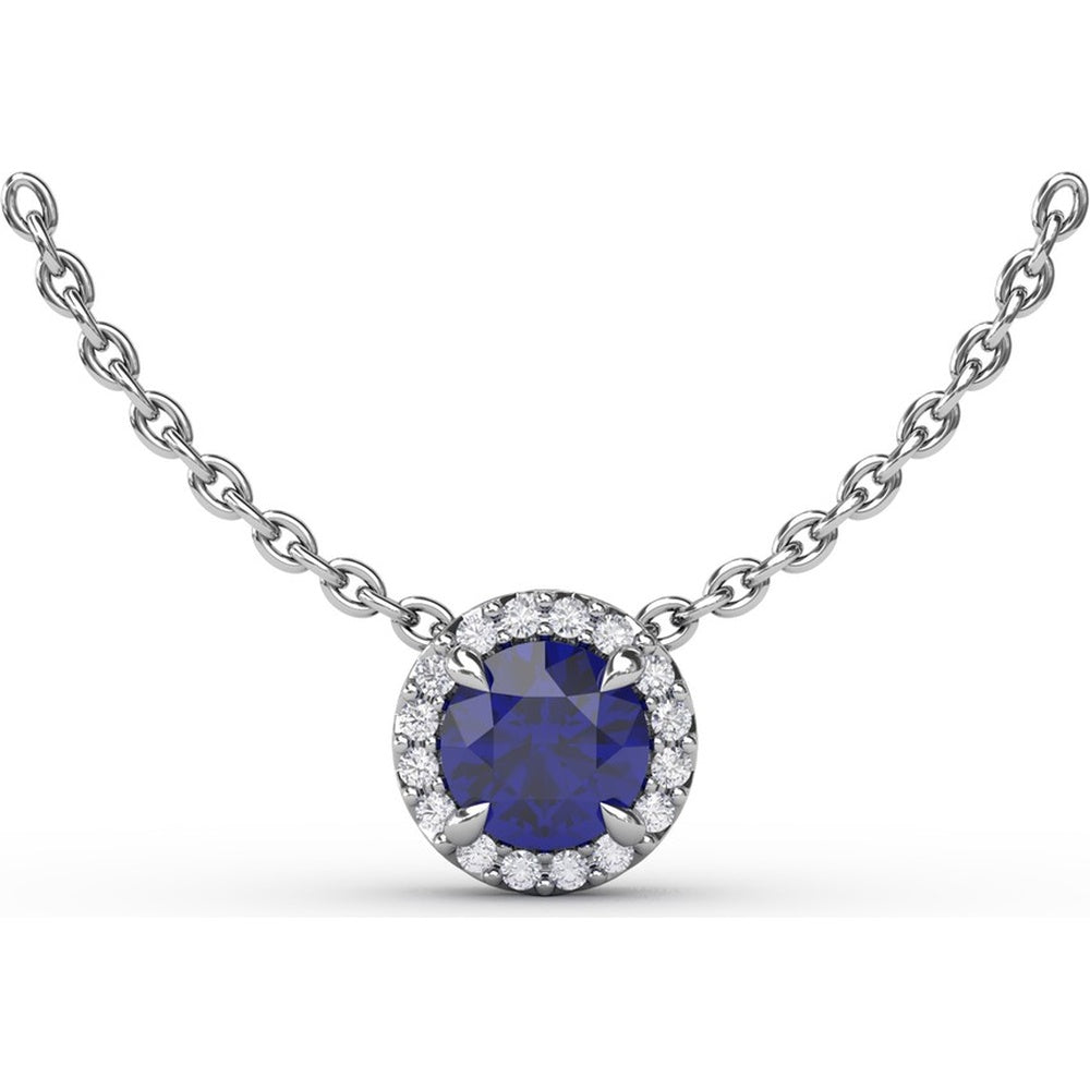 Classic Round Sapphire Pendant Necklace with Pavé Diamond Halo by Fana - 0.75 Carat Total Gemstone Weight
