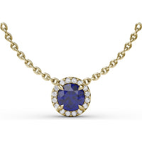 Classic Round Sapphire Pendant Necklace with Pavé Diamond Halo by Fana - 0.75 Carat Total Gemstone Weight