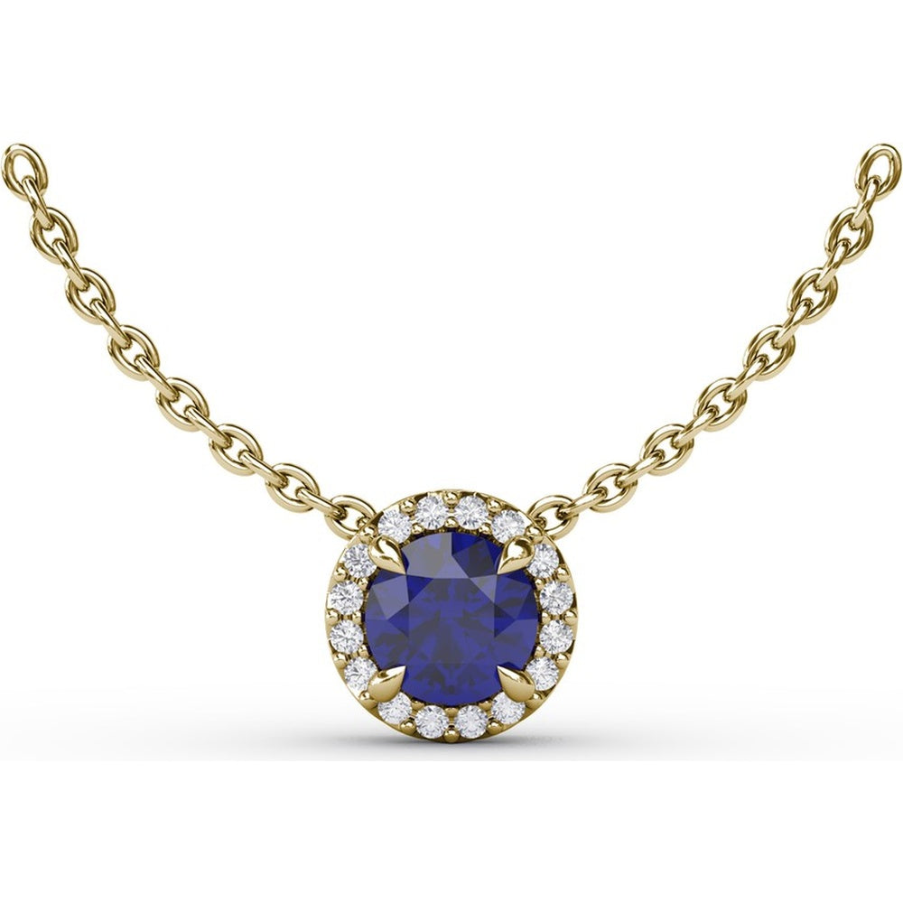 Classic Round Sapphire Pendant Necklace with Pavé Diamond Halo by Fana - 0.75 Carat Total Gemstone Weight
