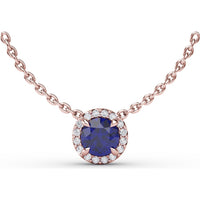 Classic Round Sapphire Pendant Necklace with Pavé Diamond Halo by Fana - 0.75 Carat Total Gemstone Weight