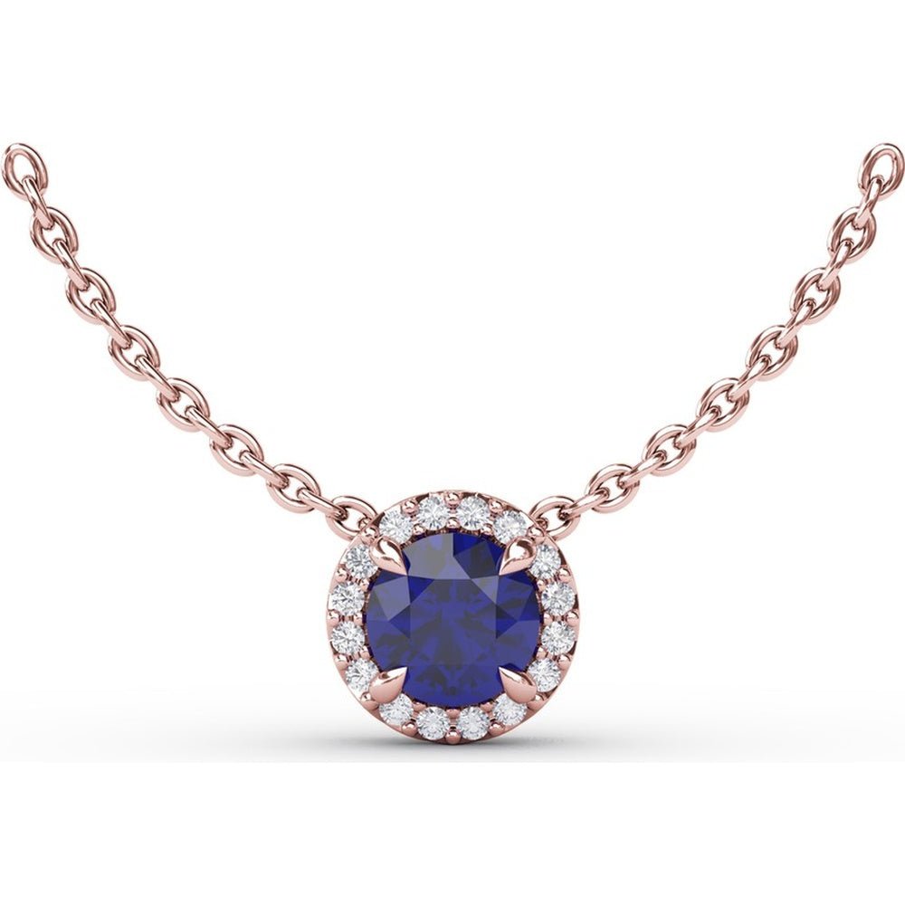 Classic Round Sapphire Pendant Necklace with Pavé Diamond Halo by Fana - 0.75 Carat Total Gemstone Weight