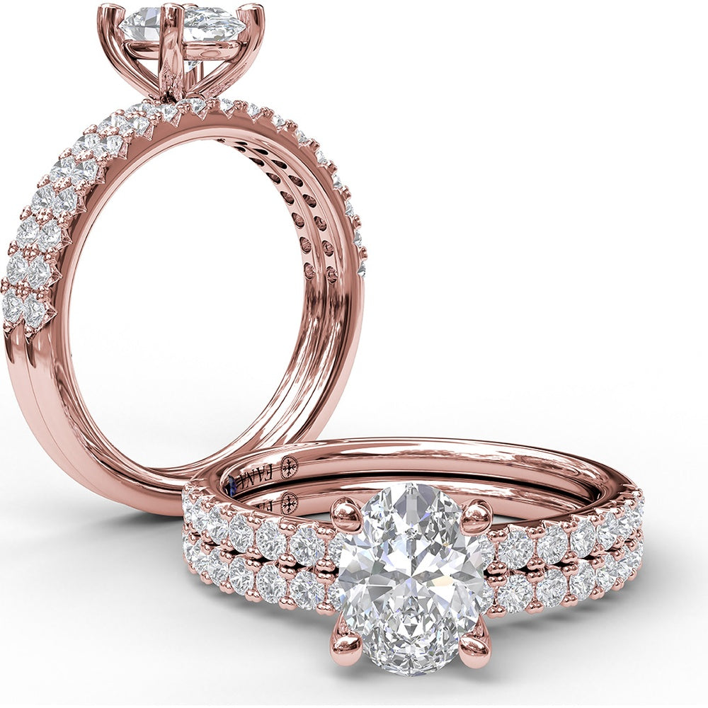 Classic Single Row Oval Center Diamond Engagement Ring Setting with Pavé Diamond Band by Fana - 0.31 Carat Total Diamond Weight