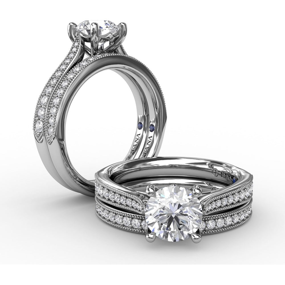 Classic Solitaire Engagement Ring Setting with Milgrain Pavé Diamond Band and Hidden Accents by Fana - 0.21 Carat Total Diamond Weight
