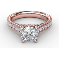 Classic Solitaire Engagement Ring Setting with Tapered Milgrain Band and Pavé Accent Diamonds by Fana - 0.40 Carat Total Diamond Weight
