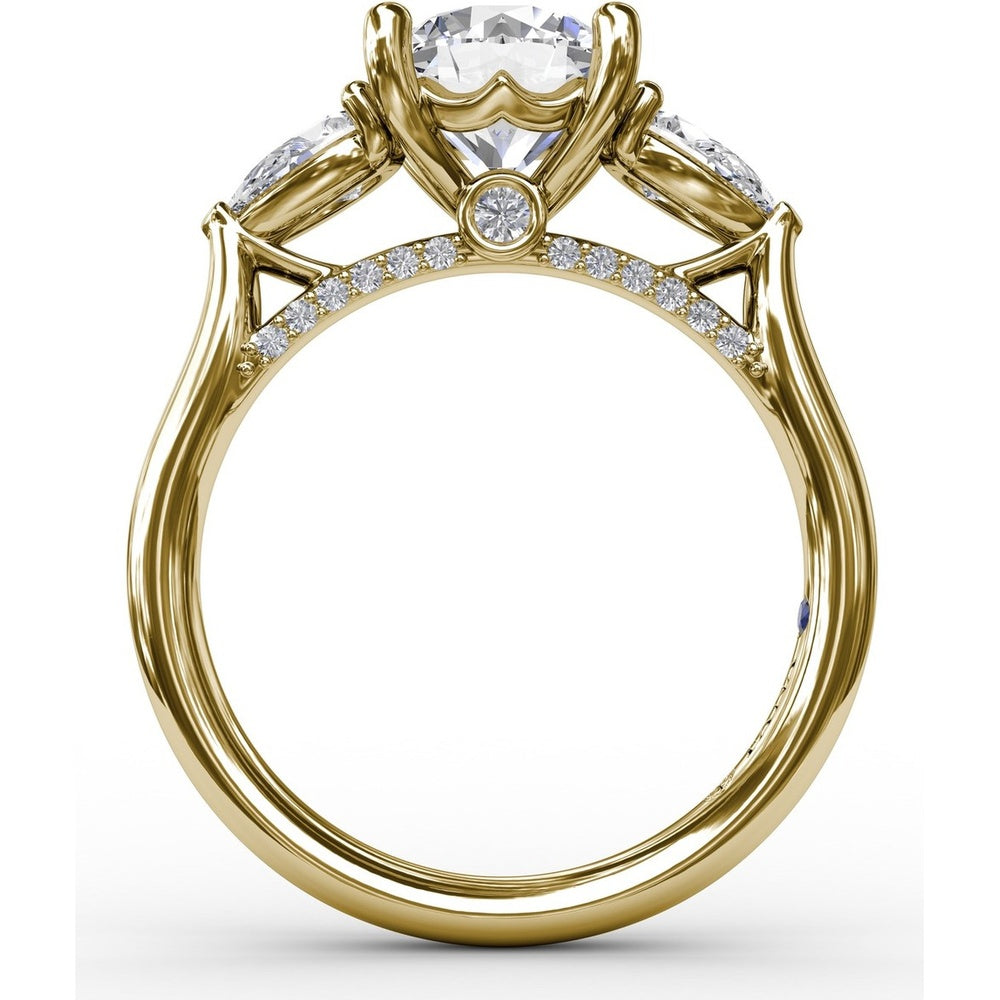 Classic Three-Stone Engagement Ring Setting with Pear-Shape Side Diamonds and Pavé Gallery - 0.63 Carat Total Side Diamond Weight by Fana