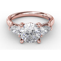 Classic Three-Stone Engagement Ring Setting with Pear-Shape Side Diamonds and Pavé Gallery - 0.63 Carat Total Side Diamond Weight by Fana