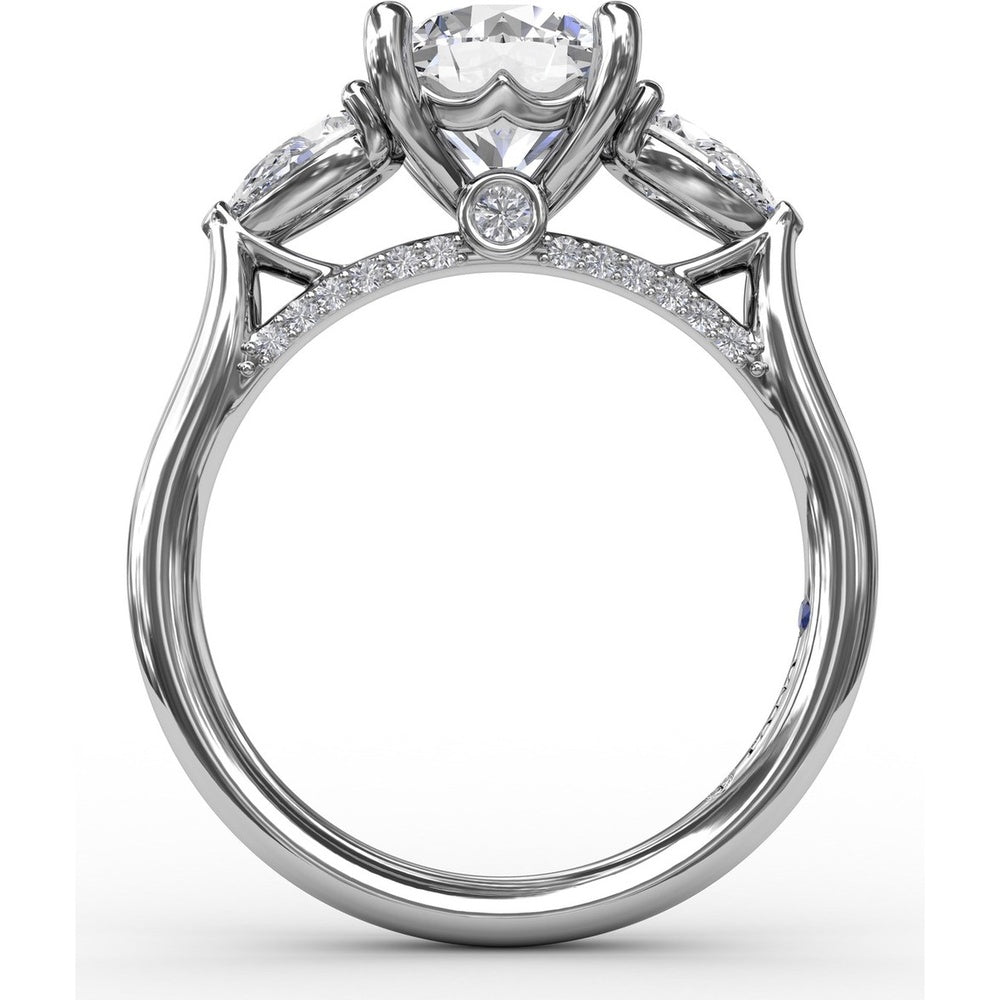 Classic Three-Stone Engagement Ring Setting with Pear-Shape Side Diamonds and Pavé Gallery - 0.63 Carat Total Side Diamond Weight by Fana