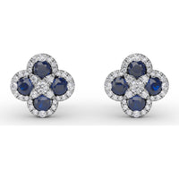 Cluster Stud Earrings with Pavé Diamond Halos and Round Sapphires by Fana - 1.47 Carat Total Gemstone Weight