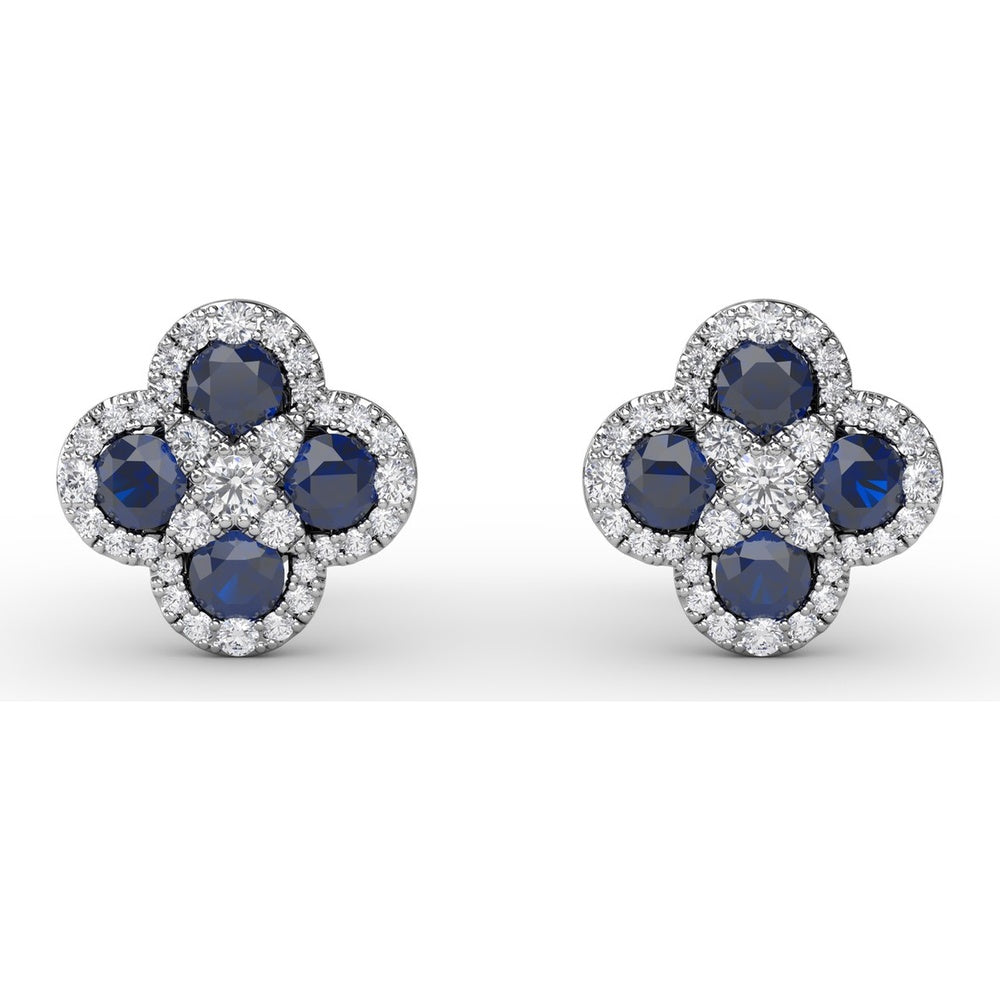 Cluster Stud Earrings with Pavé Diamond Halos and Round Sapphires by Fana - 1.47 Carat Total Gemstone Weight