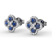 Cluster Stud Earrings with Pavé Diamond Halos and Round Sapphires by Fana - 1.47 Carat Total Gemstone Weight