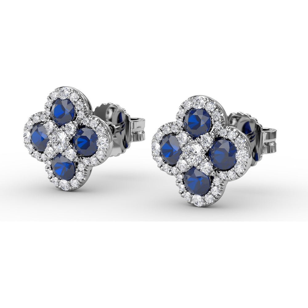 Cluster Stud Earrings with Pavé Diamond Halos and Round Sapphires by Fana - 1.47 Carat Total Gemstone Weight