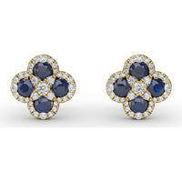 Cluster Stud Earrings with Pavé Diamond Halos and Round Sapphires by Fana - 1.47 Carat Total Gemstone Weight