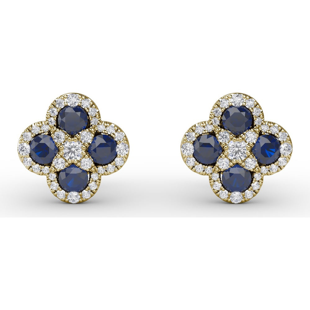 Cluster Stud Earrings with Pavé Diamond Halos and Round Sapphires by Fana - 1.47 Carat Total Gemstone Weight