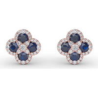 Cluster Stud Earrings with Pavé Diamond Halos and Round Sapphires by Fana - 1.47 Carat Total Gemstone Weight