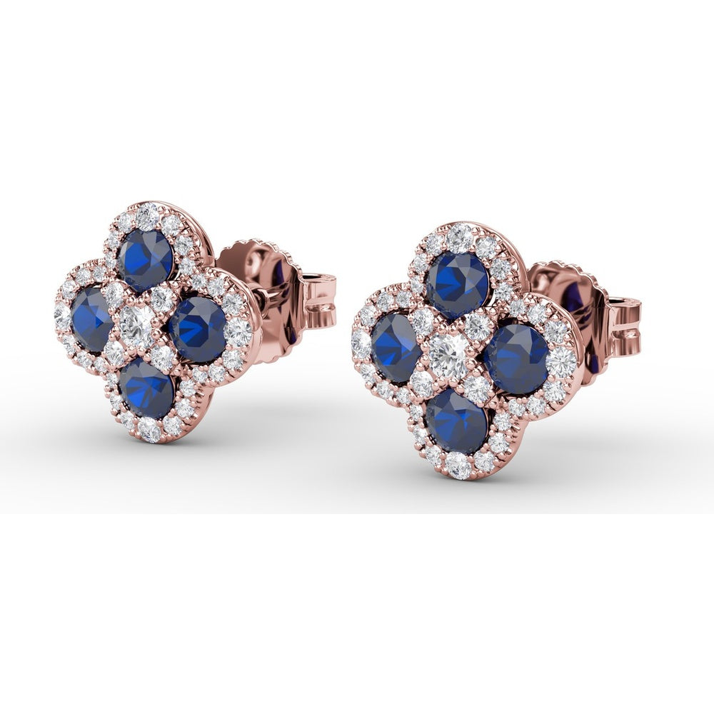 Cluster Stud Earrings with Pavé Diamond Halos and Round Sapphires by Fana - 1.47 Carat Total Gemstone Weight