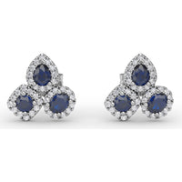 Cluster Stud Earrings with Pear and Round Sapphires and Diamond Halos by Fana - 1.71 Carat Total Gemstone Weight