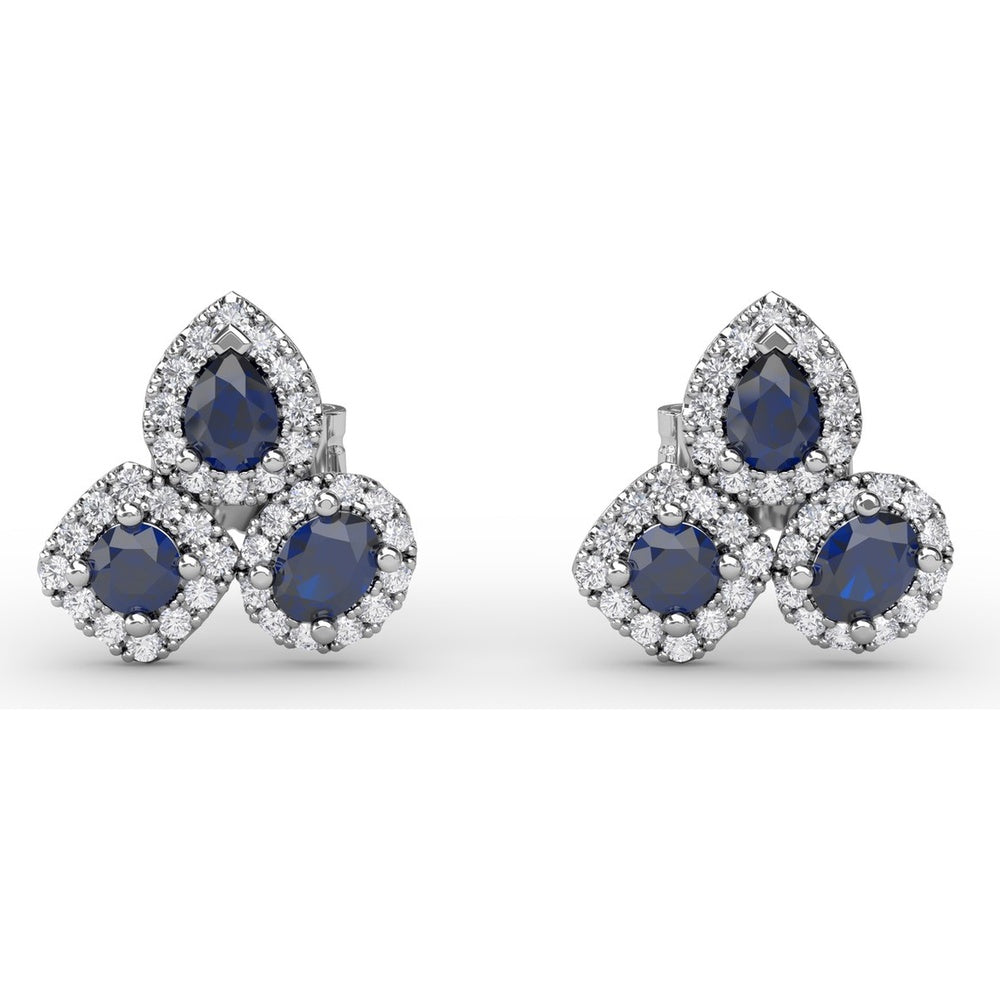 Cluster Stud Earrings with Pear and Round Sapphires and Diamond Halos by Fana - 1.71 Carat Total Gemstone Weight