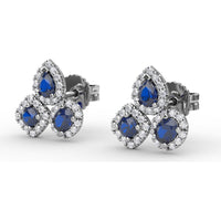 Cluster Stud Earrings with Pear and Round Sapphires and Diamond Halos by Fana - 1.71 Carat Total Gemstone Weight