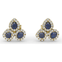 Cluster Stud Earrings with Pear and Round Sapphires and Diamond Halos by Fana - 1.71 Carat Total Gemstone Weight