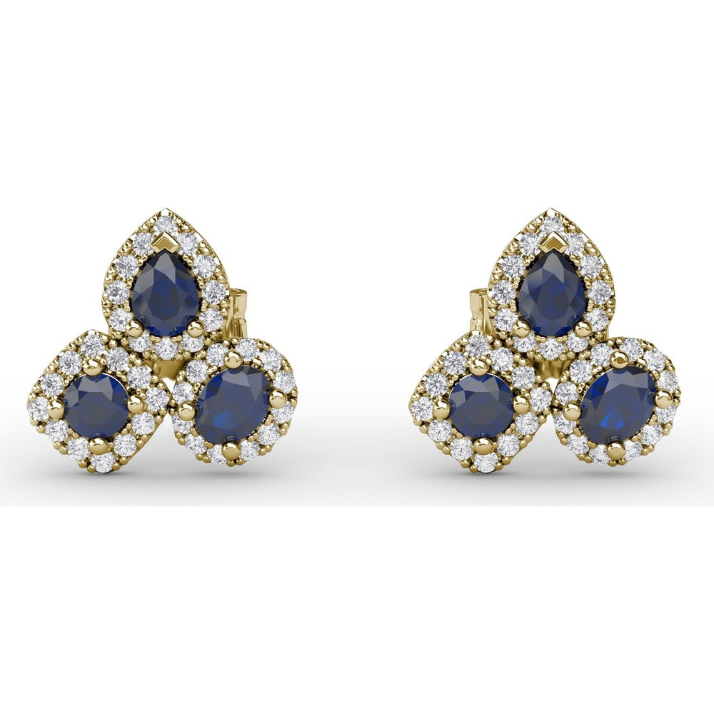 Cluster Stud Earrings with Pear and Round Sapphires and Diamond Halos by Fana - 1.71 Carat Total Gemstone Weight