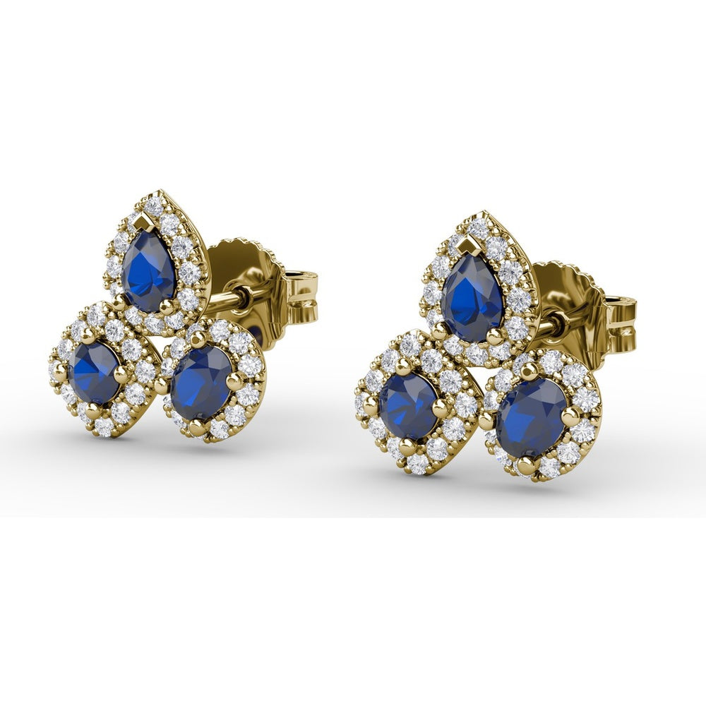 Cluster Stud Earrings with Pear and Round Sapphires and Diamond Halos by Fana - 1.71 Carat Total Gemstone Weight