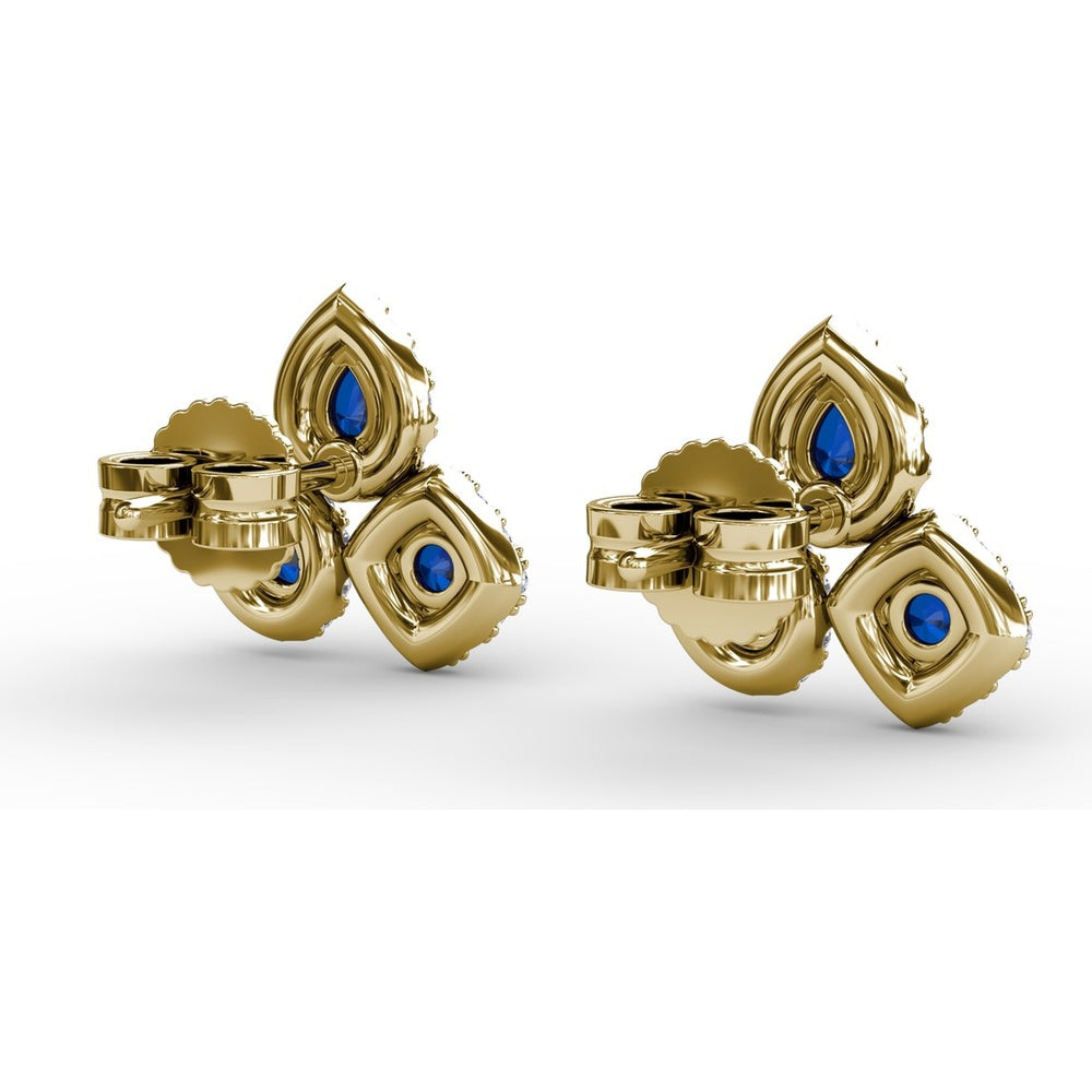 Cluster Stud Earrings with Pear and Round Sapphires and Diamond Halos by Fana - 1.71 Carat Total Gemstone Weight
