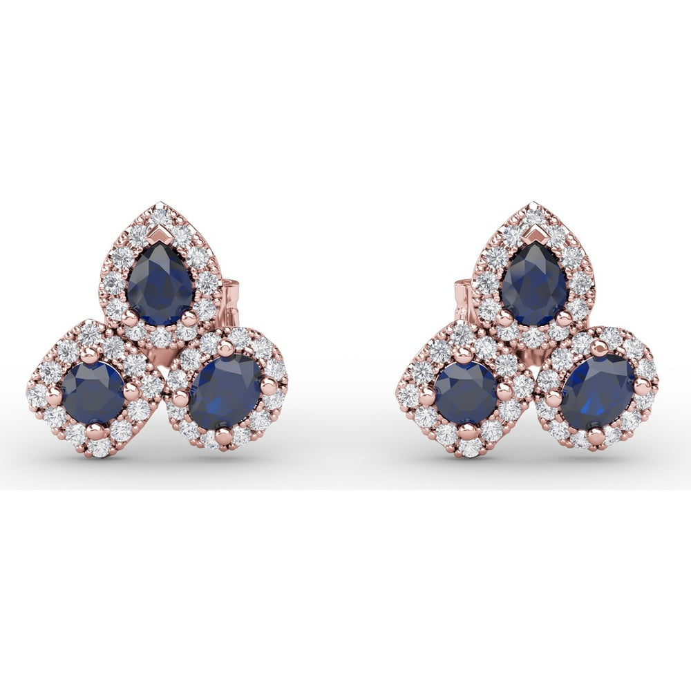 Cluster Stud Earrings with Pear and Round Sapphires and Diamond Halos by Fana - 1.71 Carat Total Gemstone Weight