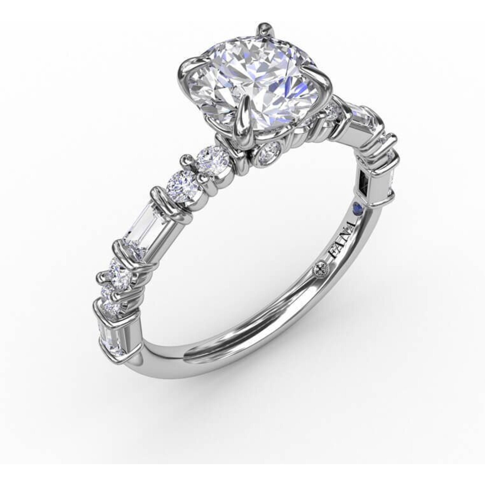 Fana Contemporary Diamond Solitaire Engagement Ring With Baguettes and Round Diamond Accents