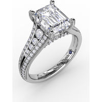 Contemporary Emerald Cut Diamond Solitaire Engagement Ring Setting with Triple-Row Diamond Band by Fana - 0.58 Carat Total Diamond Weight