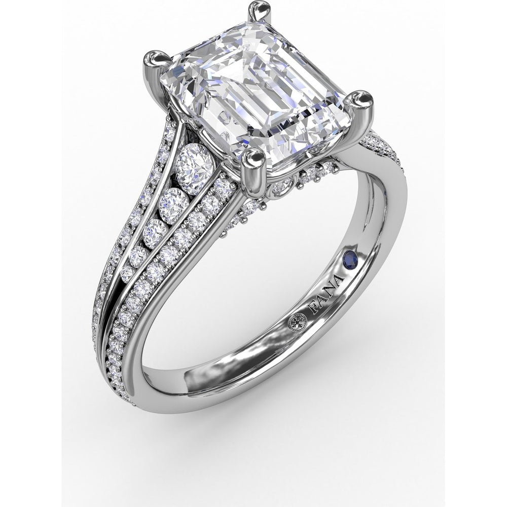 Contemporary Emerald Cut Diamond Solitaire Engagement Ring Setting with Triple-Row Diamond Band by Fana - 0.58 Carat Total Diamond Weight