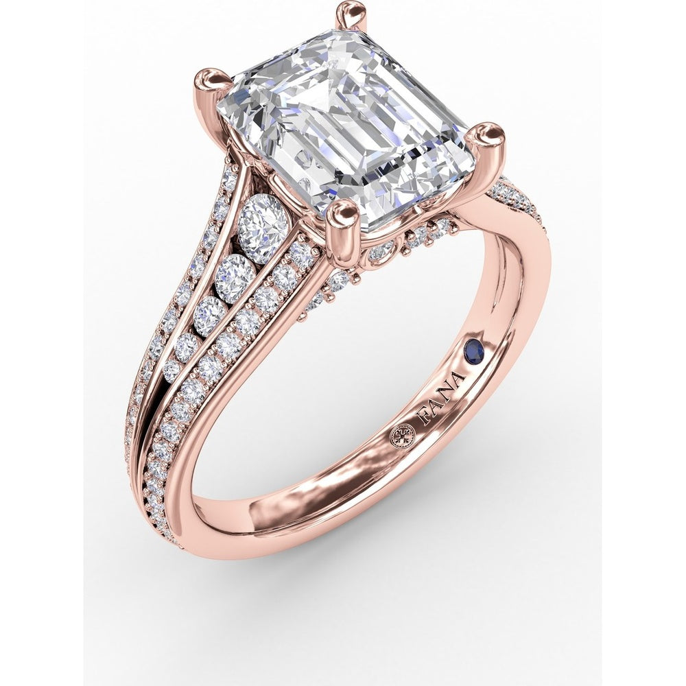 Contemporary Emerald Cut Diamond Solitaire Engagement Ring Setting with Triple-Row Diamond Band by Fana - 0.58 Carat Total Diamond Weight