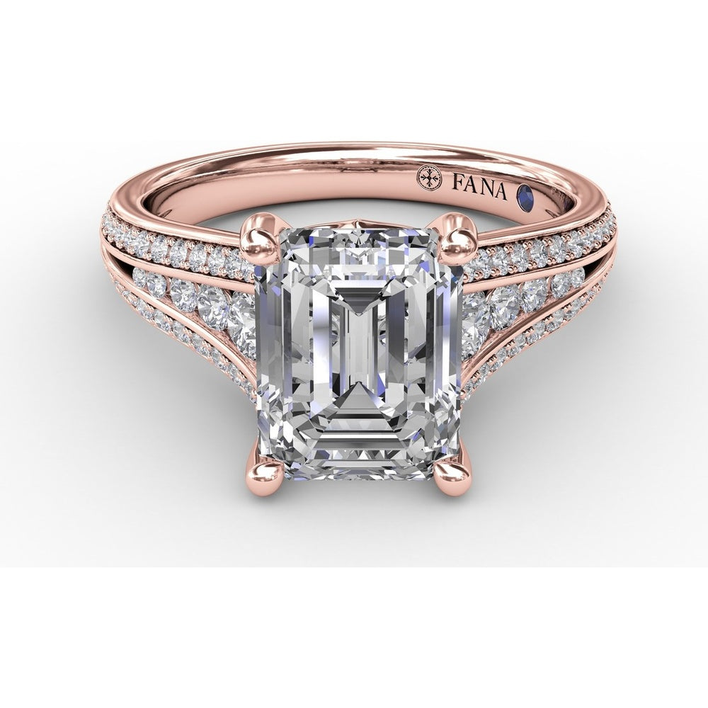 Contemporary Emerald Cut Diamond Solitaire Engagement Ring Setting with Triple-Row Diamond Band by Fana - 0.58 Carat Total Diamond Weight